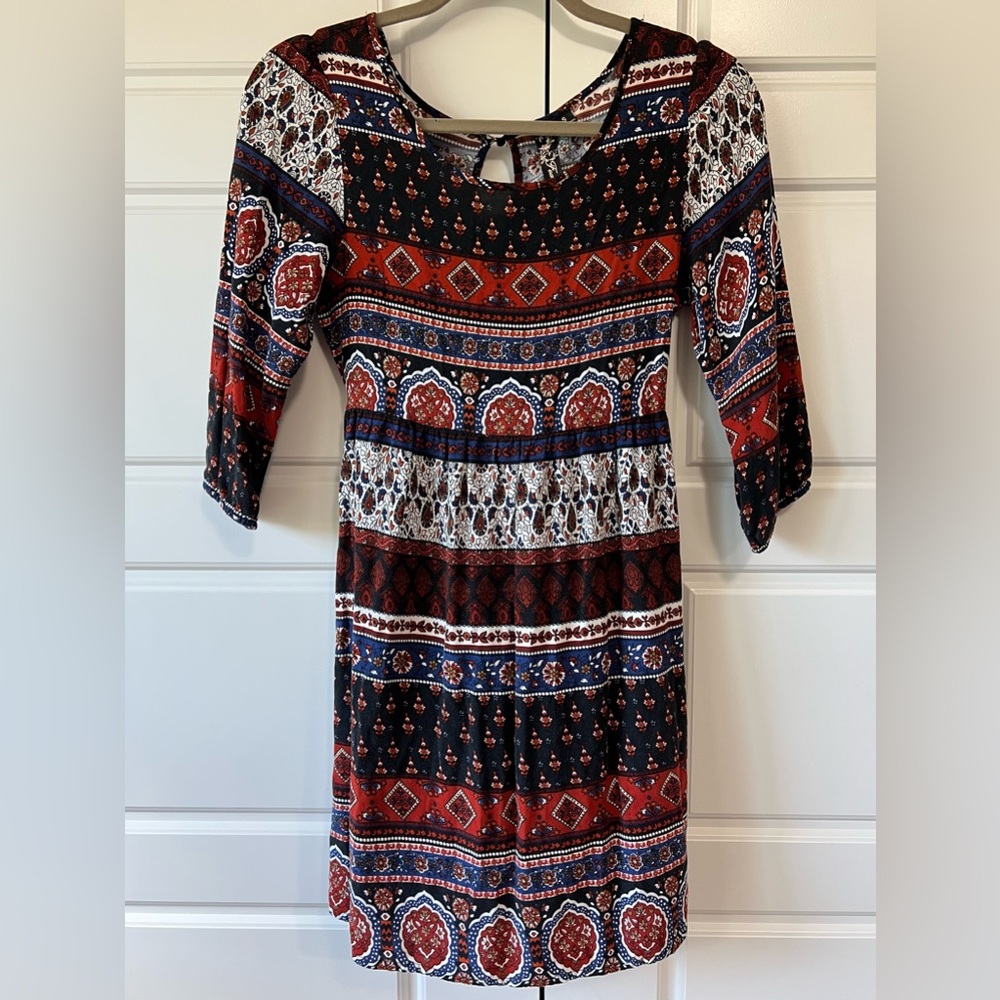 Feathers Mini Dress Womens Small Multi-Color Boho Medallion Print 3/4 Sleeve